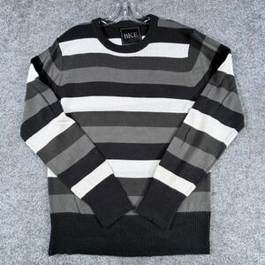 BKE Pullover Sweater‎ Mens L Black Gray White Striped Classic Office Wear Preppy